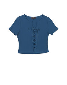 Fine Short Sleeve Front Cross Tie Pit Striped Top (Teal Blue)